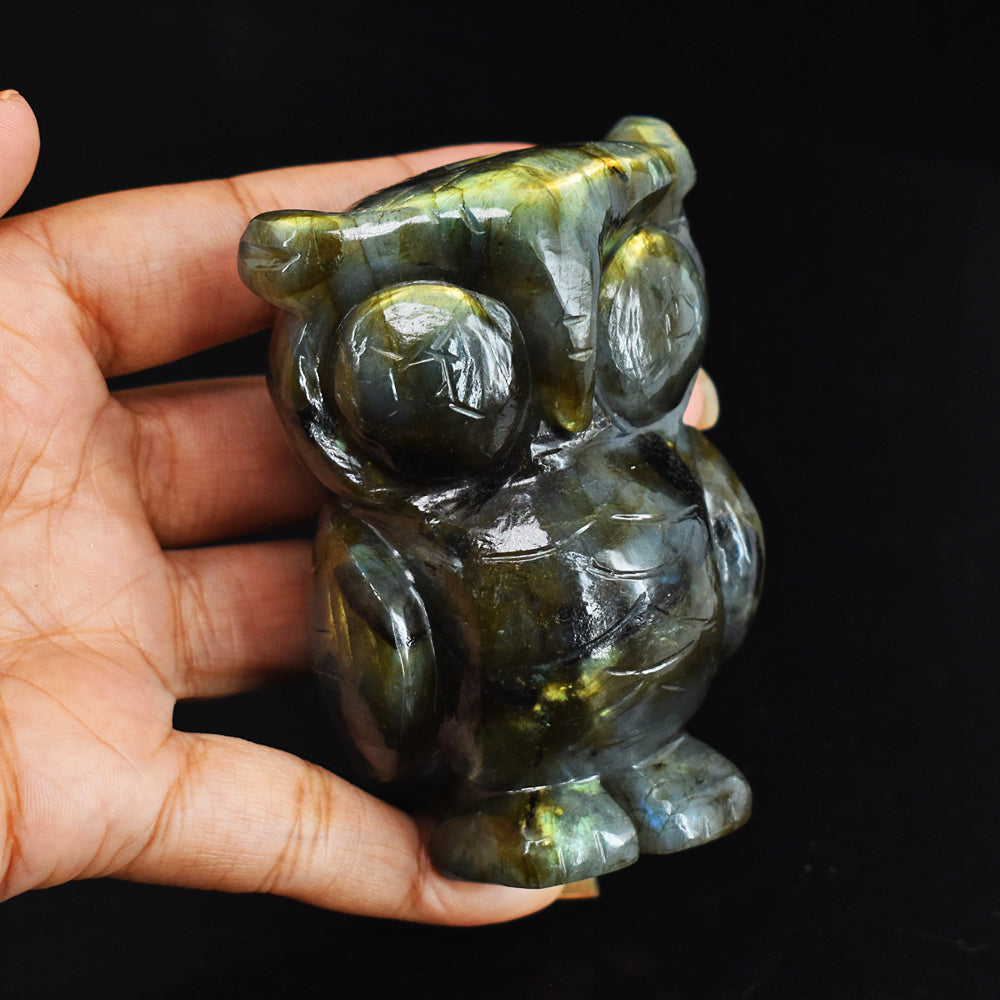 Golden & Blue Flash Labradorite 1289.00 Cts Genuine  Hand Carved Crystal Gemstone Owl Carving