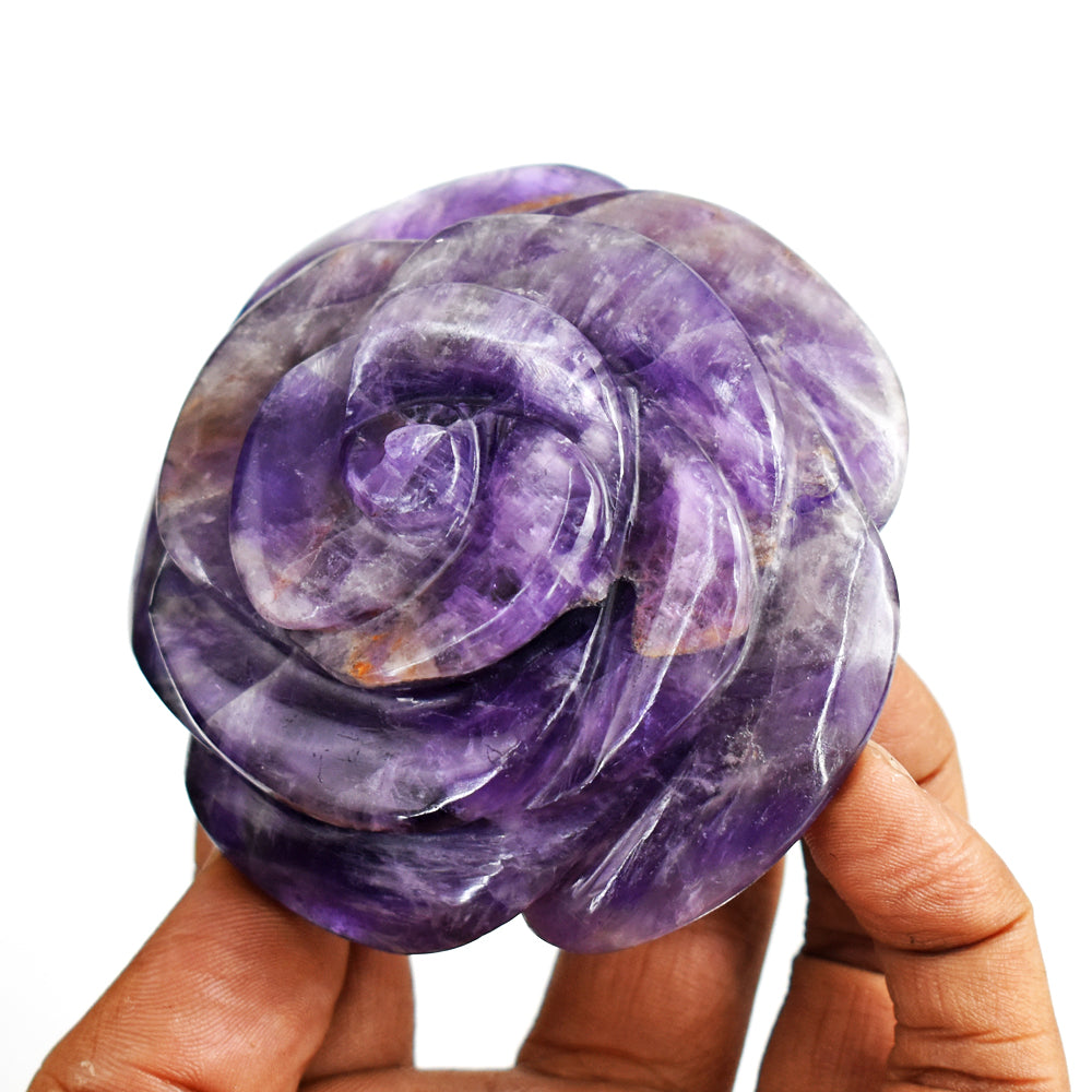 Amazing 915.00 Cts Genuine  Amethyst Hand  Carved  Rose  Flower  Gemstone  Carving