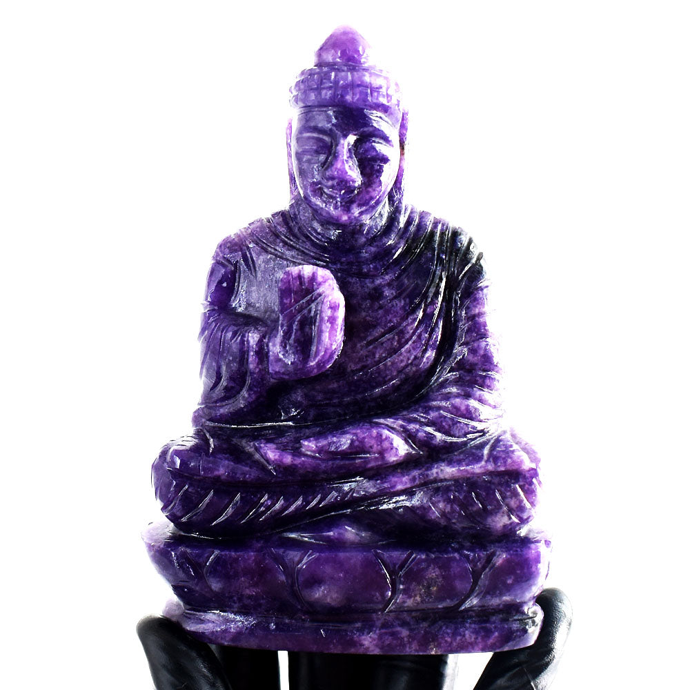 Awesome 1900.00 Carats Genuine Lepidolite Hand Carved Buddha Gemstone Crystal Statue Carving