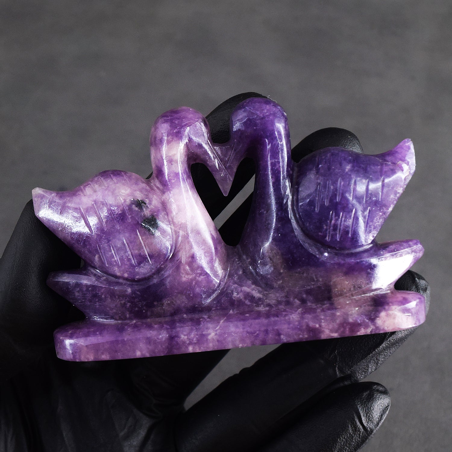 Impressive 560.00 Cts Genuine Lepidolite Hand Carved Premium Love Swan Pair