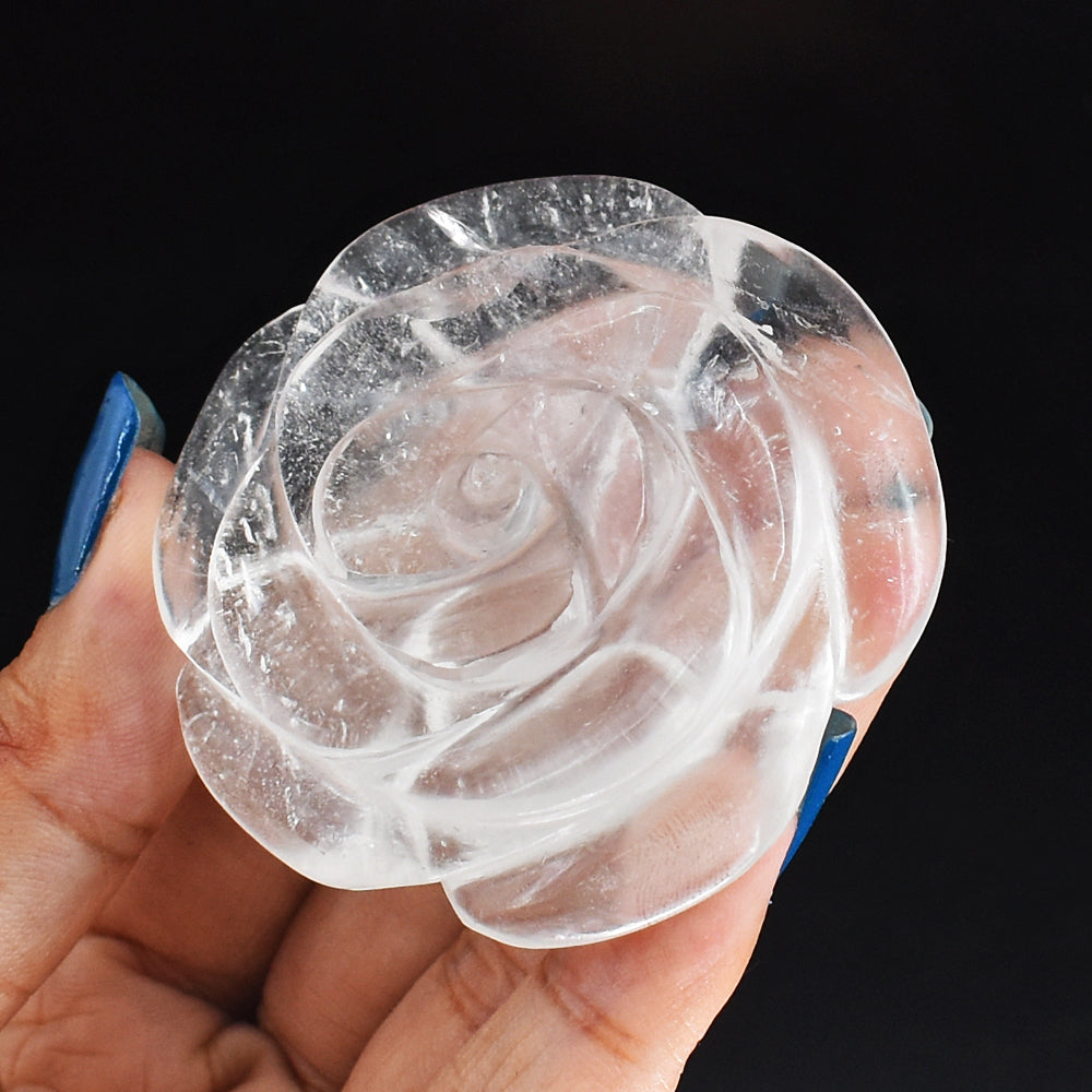 Genuine  White  Quartz 285.00 Carats Hand  Carved  Crystal Rose  Flower  Carving  Gemstone
