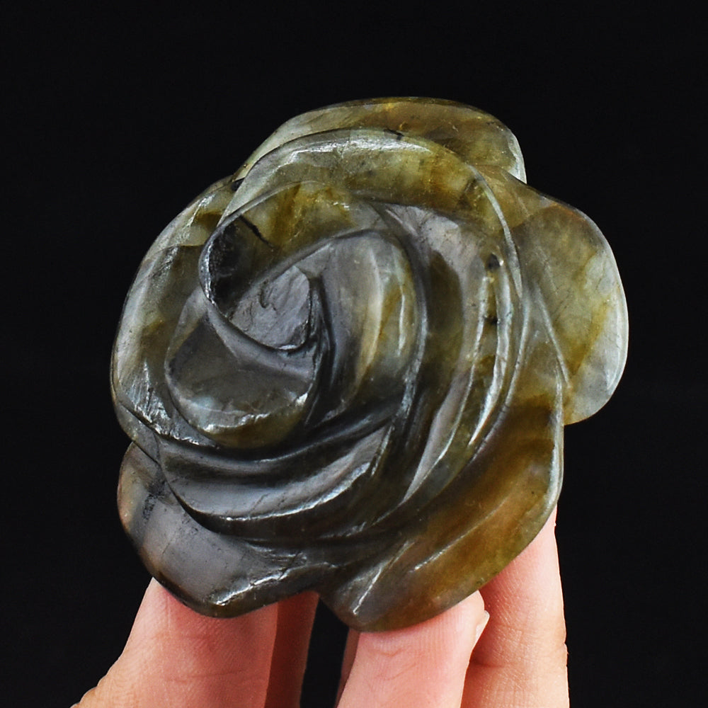 405.00 Carats Genuine Golden & Blue Flash Labradorite  Hand  Carved Gemstone Crystal Rose Flower Carving