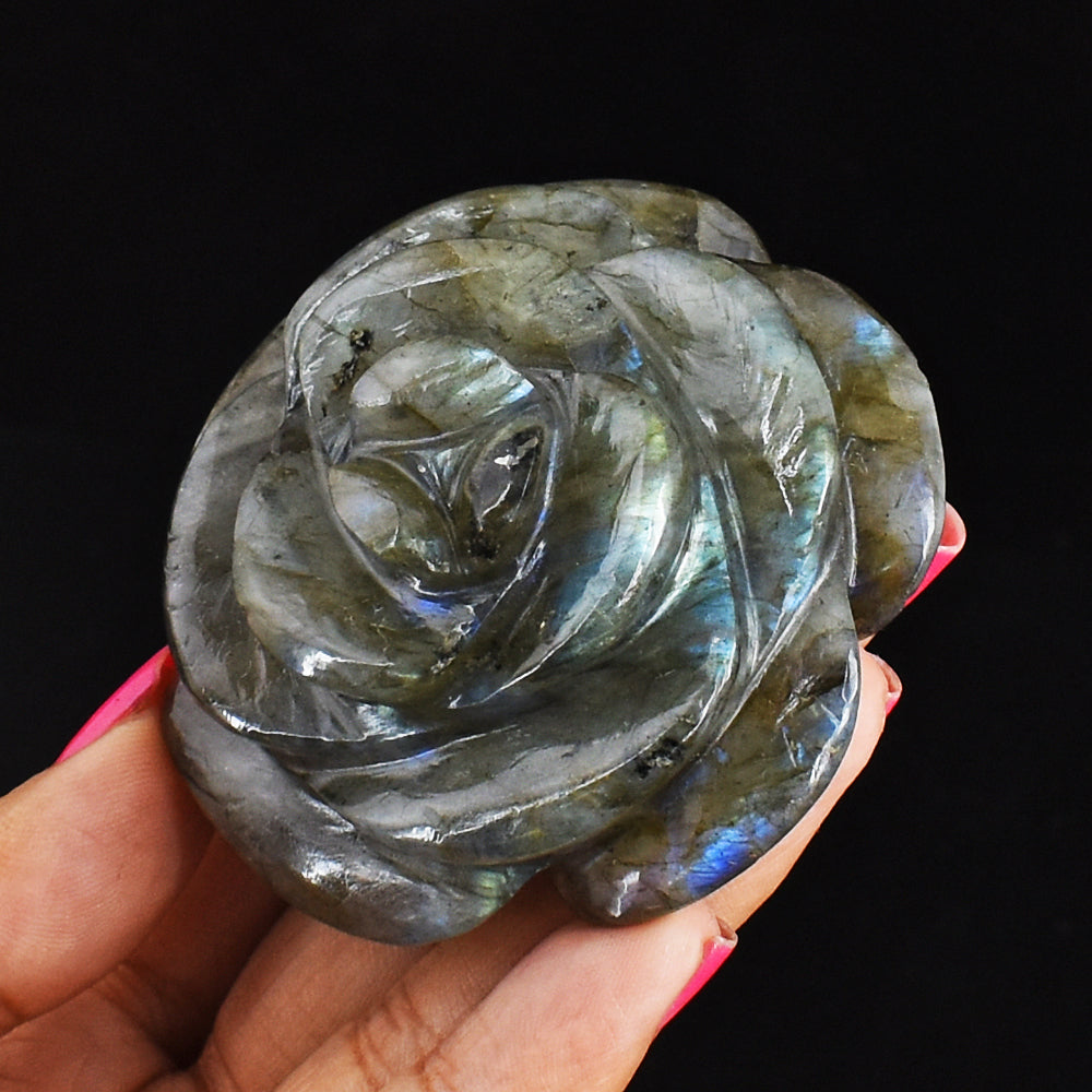 Blue  Flash Labradorite  454.00 Carats  Genuine  Hand Carved  Gemstone Rose Flower  Carving