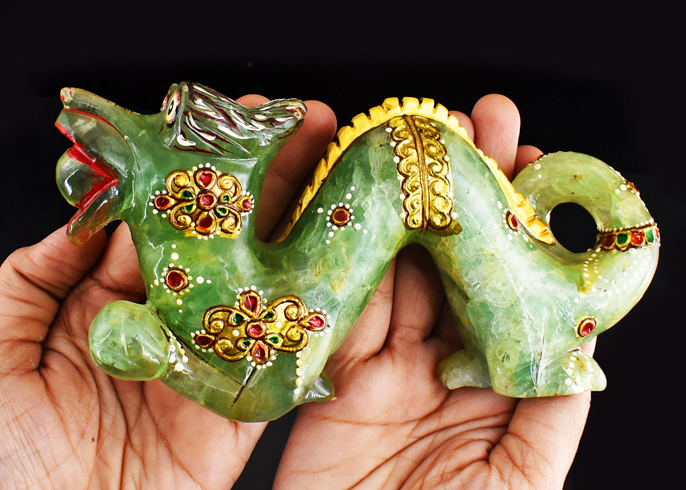 Beautiful  3586.00 Cts Genuine Green Aventurine Printed Enamel Work Hand Carved Dragon Carving