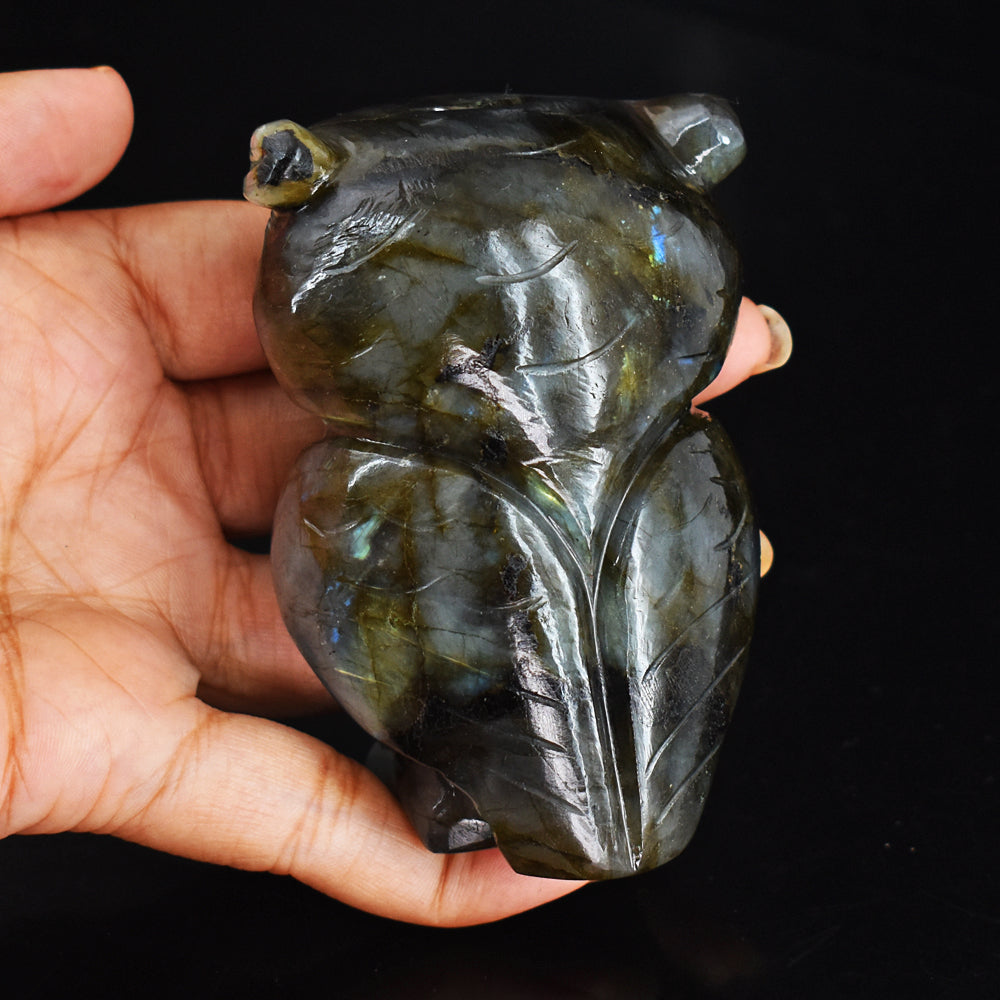 Golden & Blue Flash Labradorite 1289.00 Cts Genuine  Hand Carved Crystal Gemstone Owl Carving