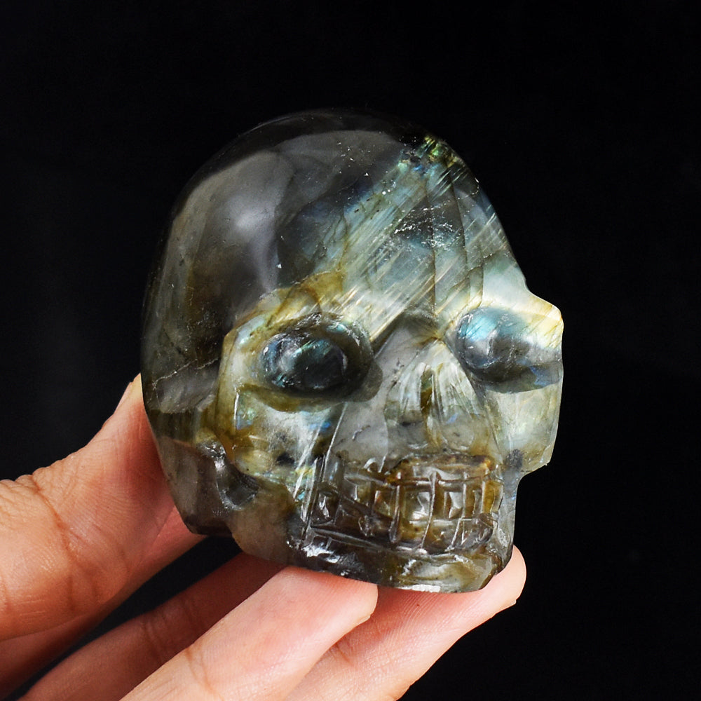 Golden & Blue Flash Labradorite 979.00 Carats Genuine Hand Carved Crystal Gemstone Carving Skull