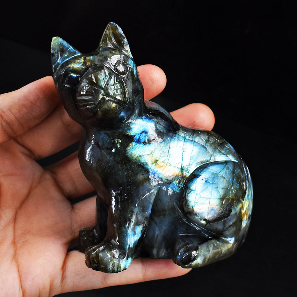 Beautiful 1837.00 Cts Genuine Amazing Flash Labradorite Hand Carved Crystal Gemstone Cat Carving