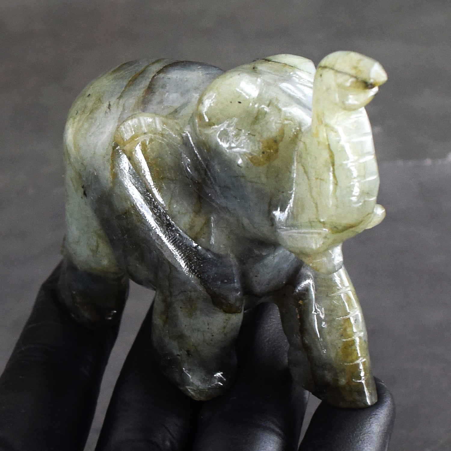 Genuine 989.00 Cts Blue Flash Labradorite Carved Crystal Premium Elephant