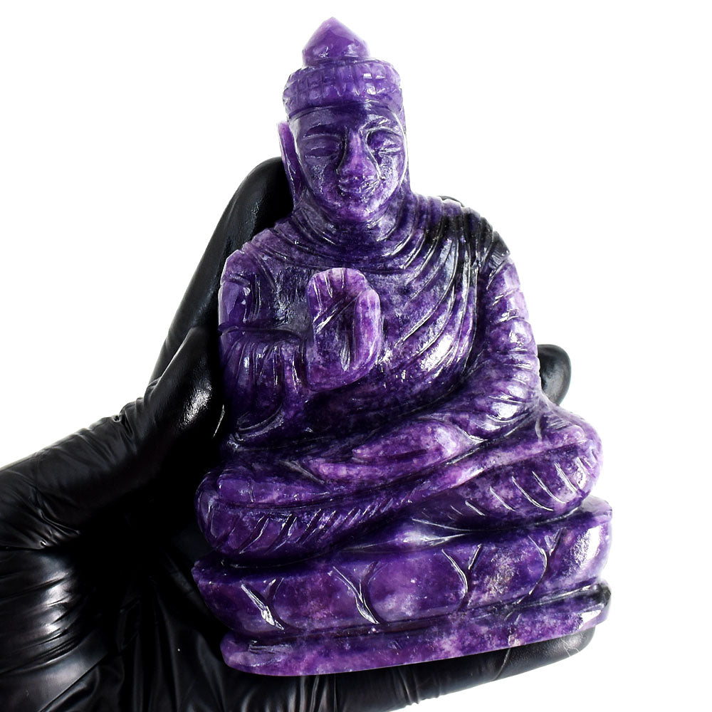 Awesome 1900.00 Carats Genuine Lepidolite Hand Carved Buddha Gemstone Crystal Statue Carving