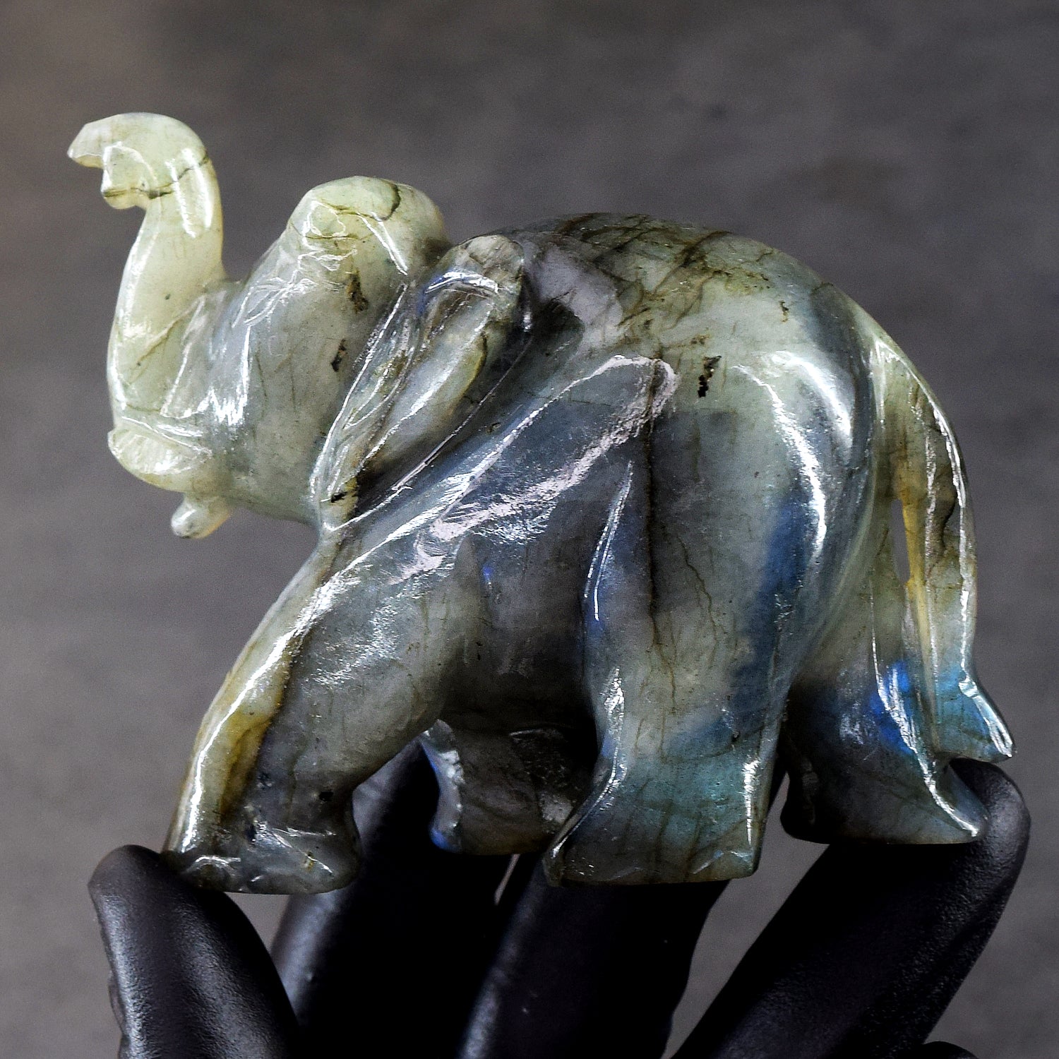 Genuine 989.00 Cts Blue Flash Labradorite Carved Crystal Premium Elephant