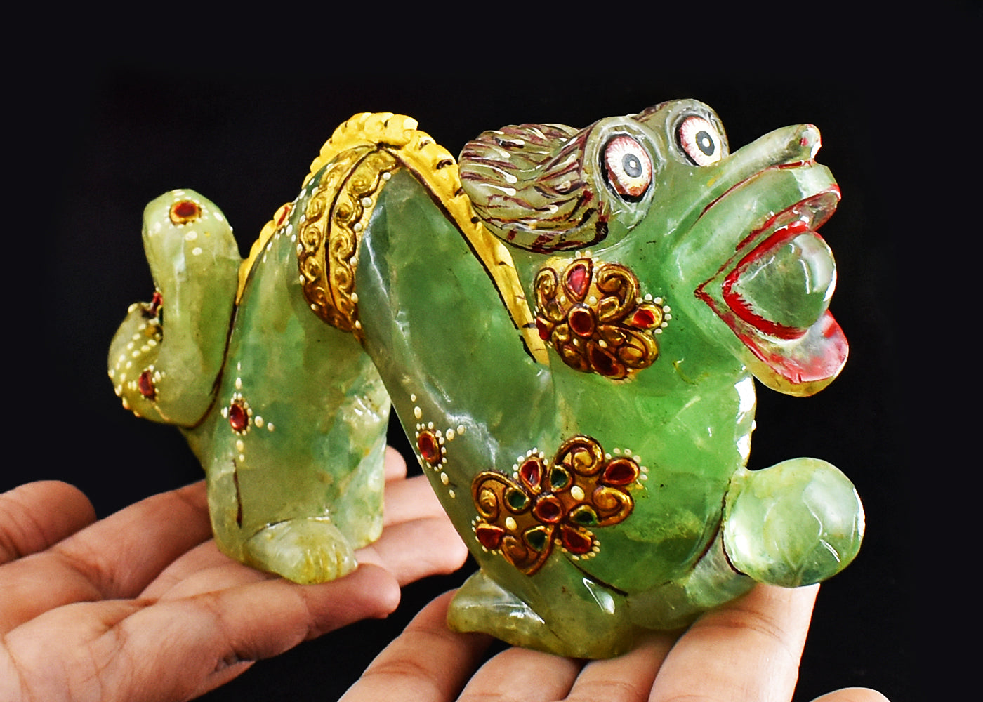 Beautiful  3586.00 Cts Genuine Green Aventurine Printed Enamel Work Hand Carved Dragon Carving