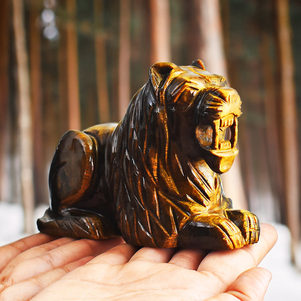 Artisian  3014.00 Cts Genuine Golden Tiger Eye  Hand Carved Crystal Gemstone  Lion Carving