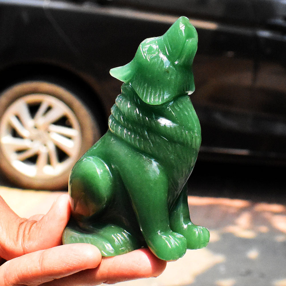 Craftsmen 1542.00 Carats Genuine Green Aventurine Hand Carved Crystal Wolf Crystal Carving