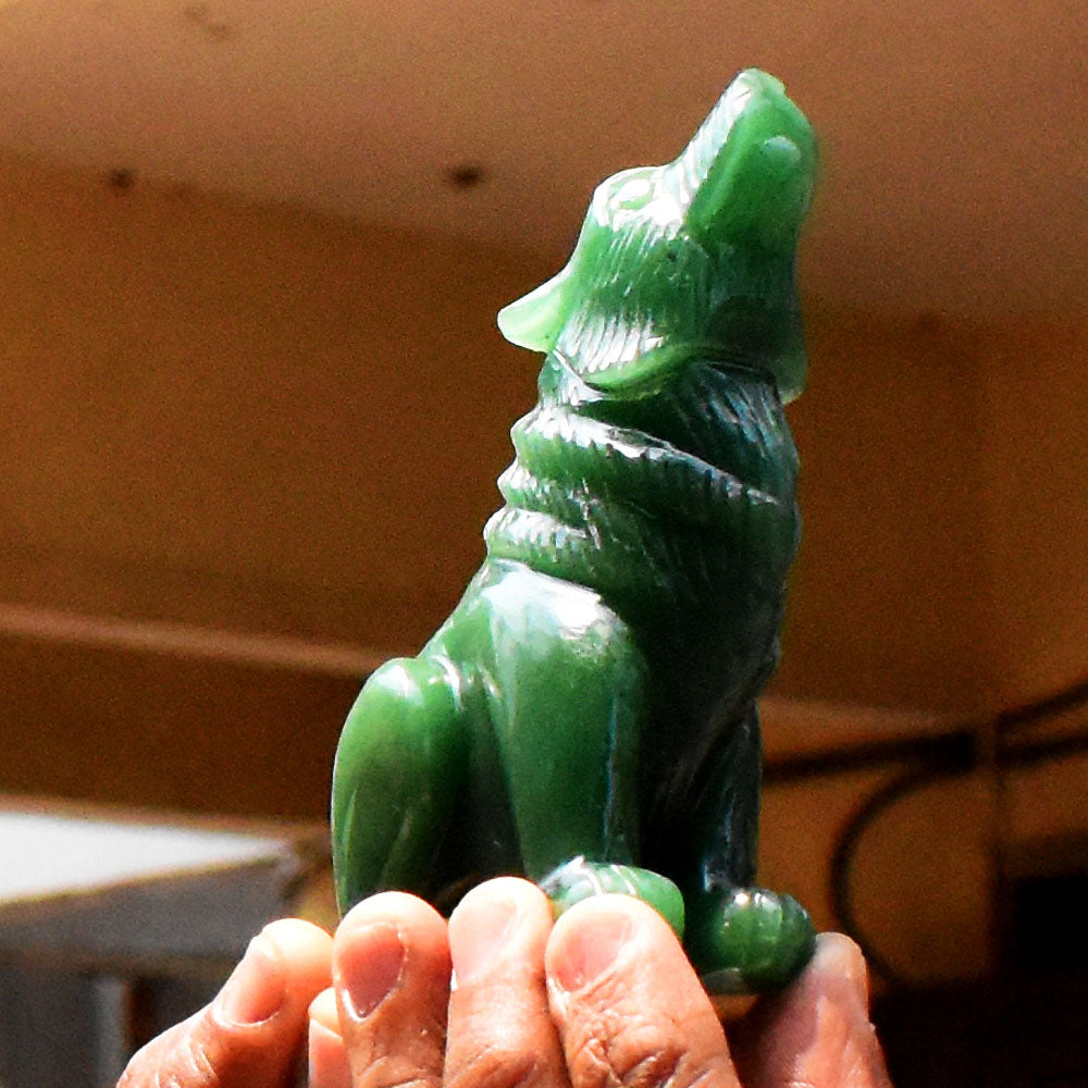 Craftsmen 1542.00 Carats Genuine Green Aventurine Hand Carved Crystal Wolf Crystal Carving