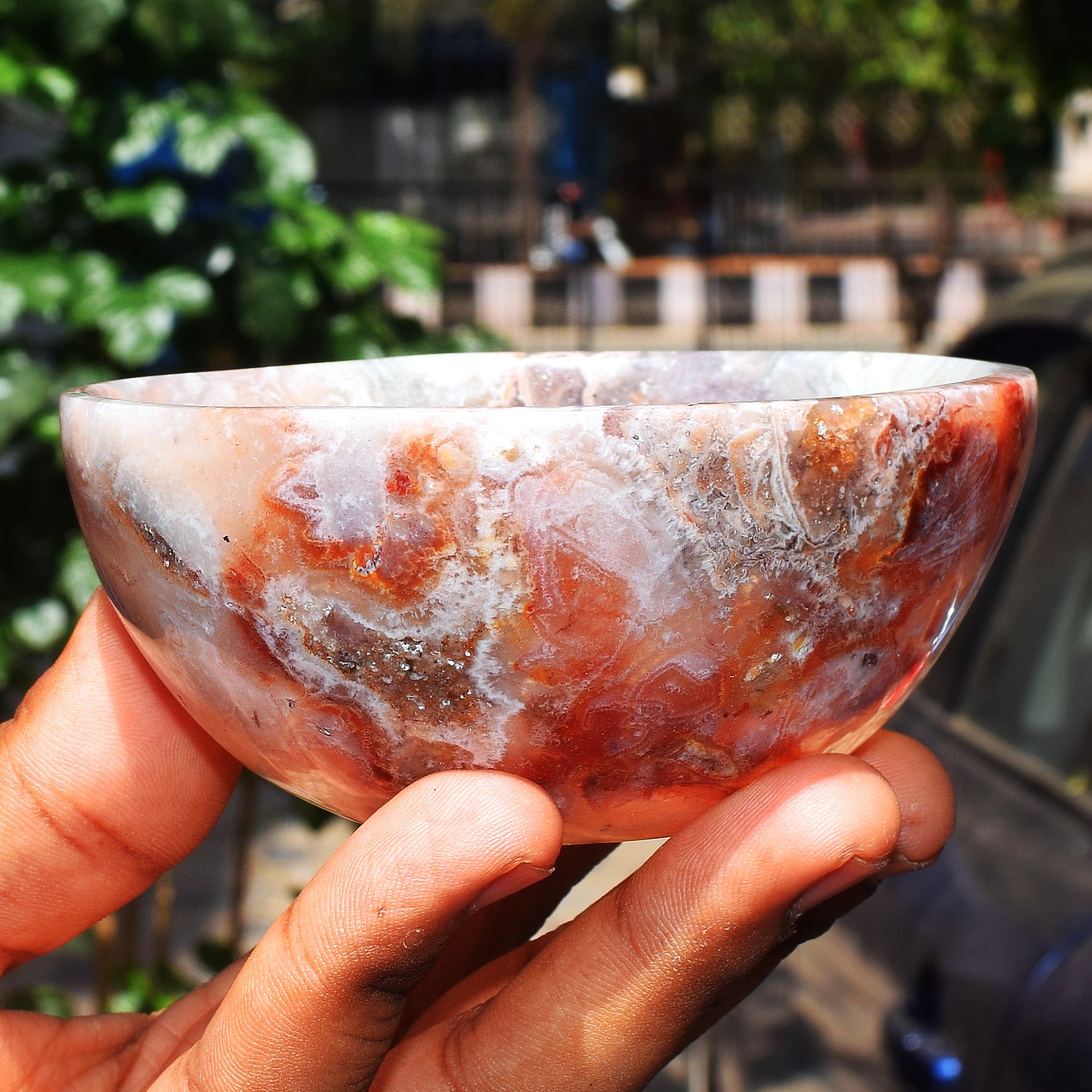 Elegant 1065.00 Carats Genuine Crazy Lace Agate Hand Carved Crystal Gemstone Carving Big Bowl
