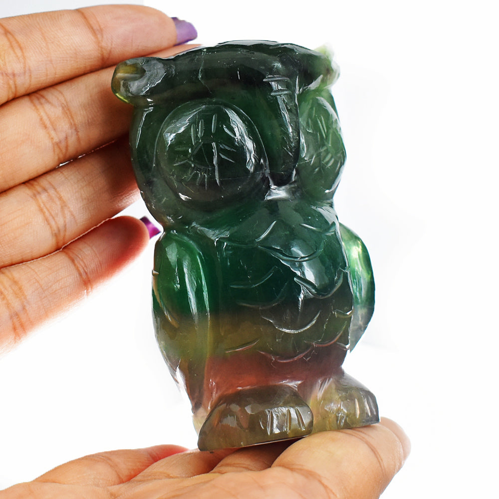 Craftsmen  Multicolor Fluorite Hand Carved Genuine Crystal Gemstone Owl Carving