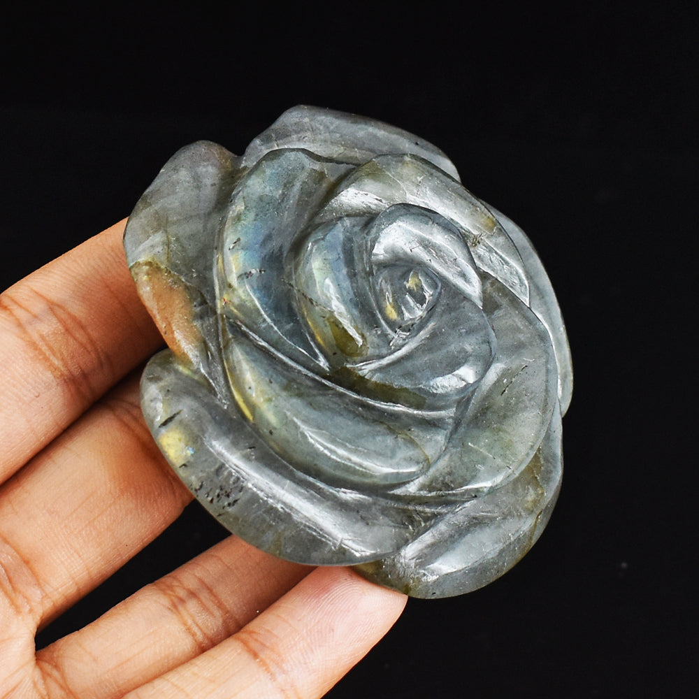 Genuine 447.00 Carats  Golden Flash Labradorite  Hand Carved Gemstone Rose Flower Carving