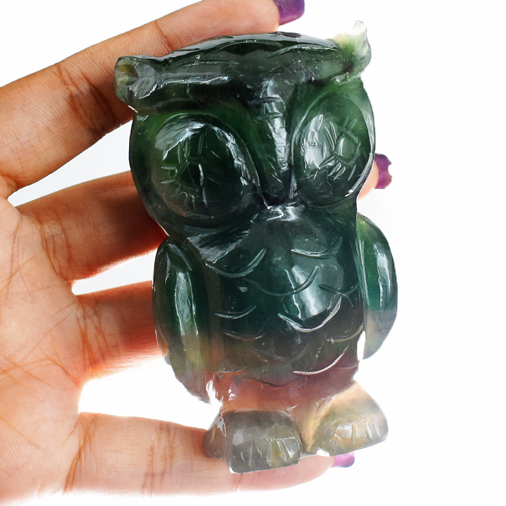 Craftsmen  Multicolor Fluorite Hand Carved Genuine Crystal Gemstone Owl Carving