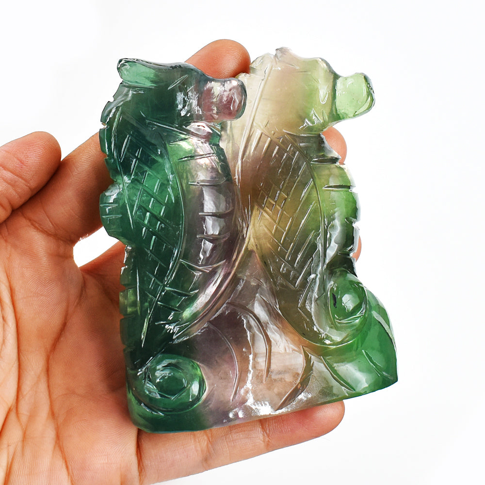 Stunning  1907.00 Cts Genuine Multicolor Fluorite Hand Carved Crystal Gemstone Twin Seahorse