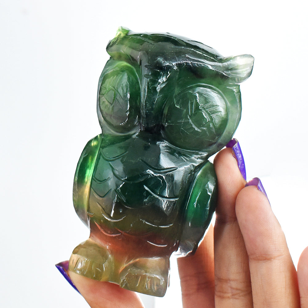 Craftsmen  Multicolor Fluorite Hand Carved Genuine Crystal Gemstone Owl Carving