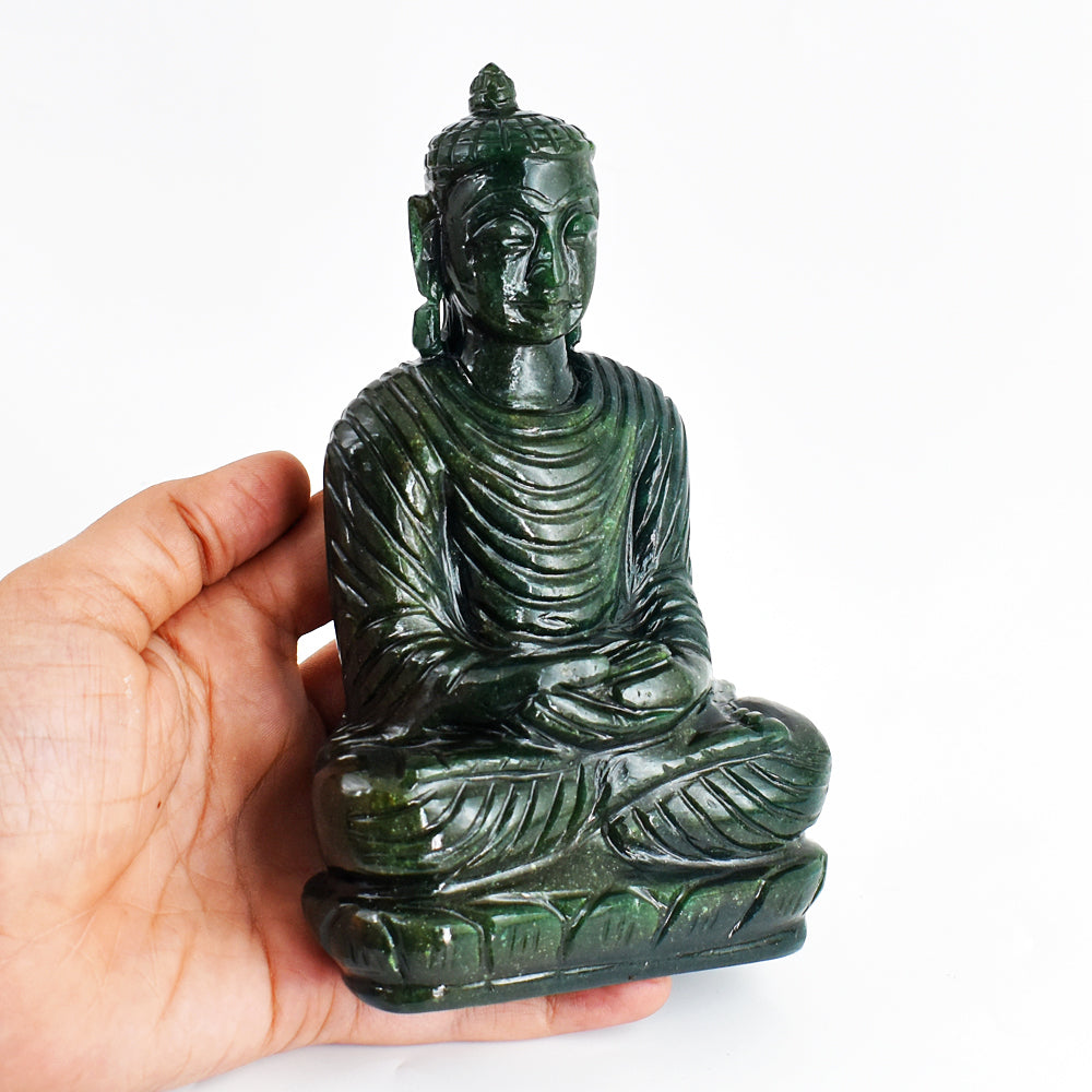 Natural 3763.00 Carats Genuine Green Jade Hand Carved Crystal Lord  Buddha Idol Gemstone Carving