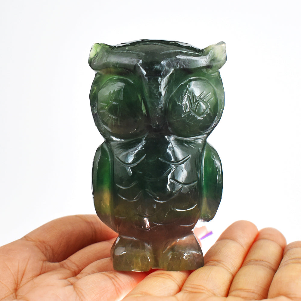 Craftsmen  Multicolor Fluorite Hand Carved Genuine Crystal Gemstone Owl Carving