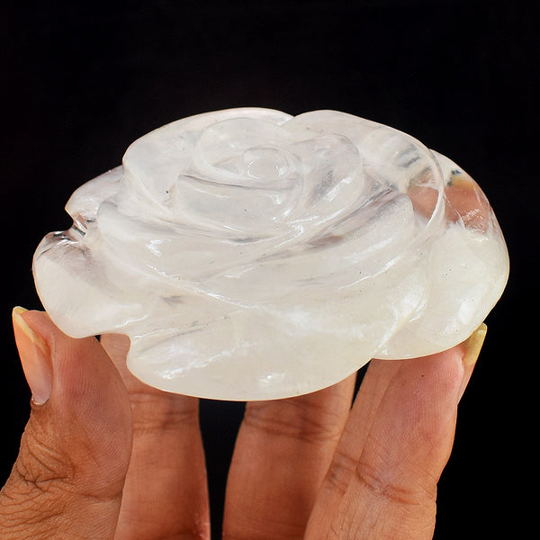 Exclusive  570.00  Carats  Genuine  White  Quartz  Hand Carved Crystal  Rose Flower  Gemstone Carving
