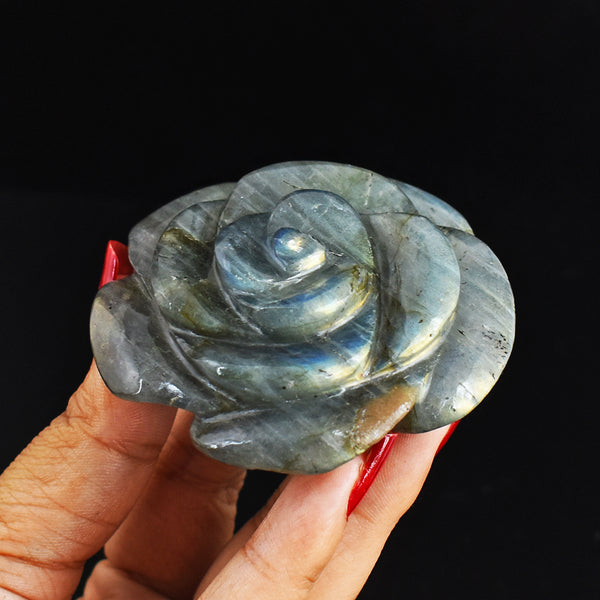 Genuine 447.00 Carats  Golden Flash Labradorite  Hand Carved Gemstone Rose Flower Carving