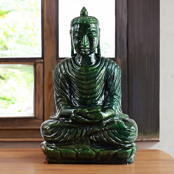 Natural 3763.00 Carats Genuine Green Jade Hand Carved Crystal Lord  Buddha Idol Gemstone Carving