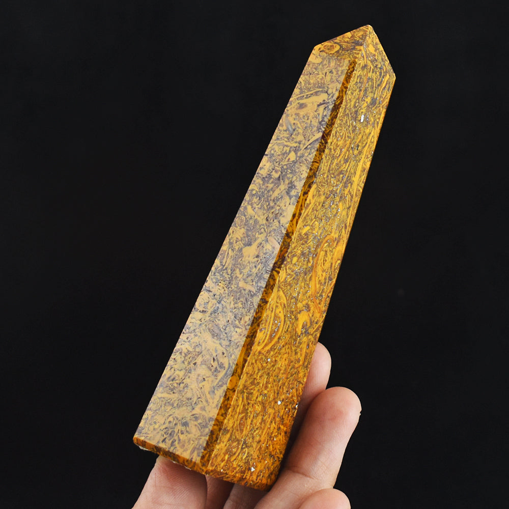 Beautiful  646.00 Cts Genuine Golden Art Jasper Hand Carved Healing Crystal Tower Gemstone Carving