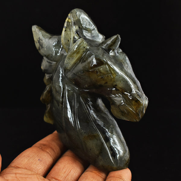 Exclusive 880.00 Cts Genuine Labradorite  Hand Carved Crystal  Unicorn Head Gemstone Carving