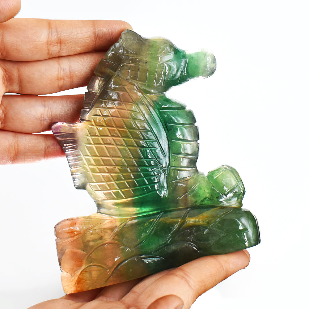 Exclusive 3012.00 Cts  Genuine  Multicolor Fluorite Hand Carved  Gemstone Carving Seahorse
