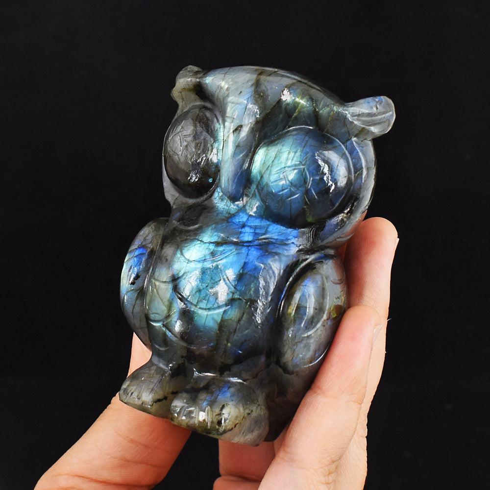 1462.00 Cts Genuine Amazing Flash Labradorite  Hand Carved Crystal Gemstone Owl Carving