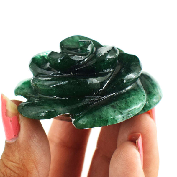 gemsmore:215.00 Cts  Exclusive Green Jade Hand  Carved  Genuine Carving Rose Flower Gemstone
