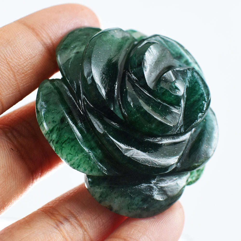 gemsmore:215.00 Cts  Exclusive Green Jade Hand  Carved  Genuine Carving Rose Flower Gemstone