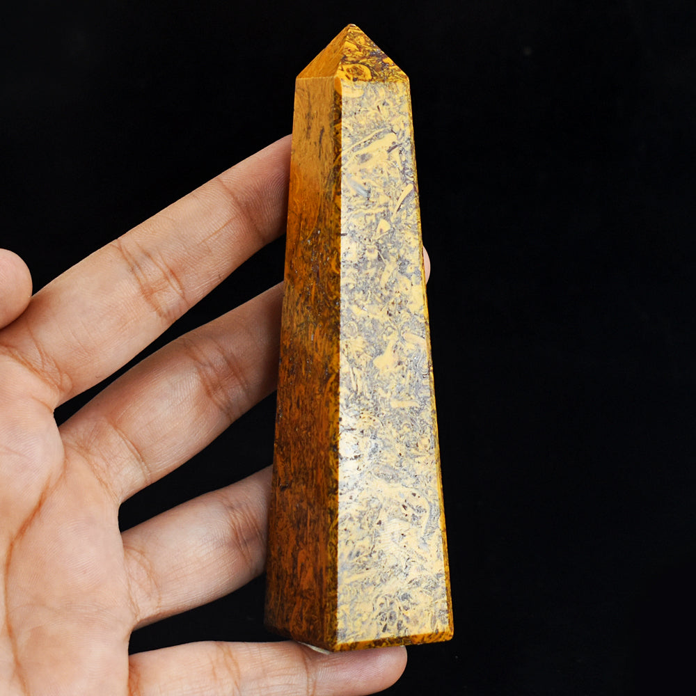 Beautiful  646.00 Cts Genuine Golden Art Jasper Hand Carved Healing Crystal Tower Gemstone Carving