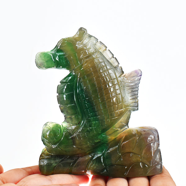 Exclusive 3012.00 Cts  Genuine  Multicolor Fluorite Hand Carved  Gemstone Carving Seahorse