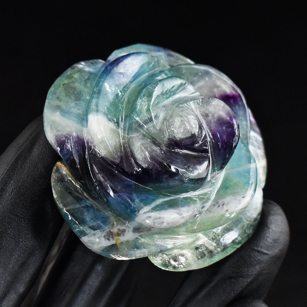 Craftsmen 300.00 Cts Genuine Multicolor Fluorite Carved Rose Gemstone Crystal Caving