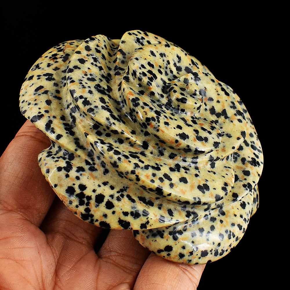 Natural 965.00  Carats Genuine  Dalmation Jasper  Hand  Carved Crystal  Rose  Flower Gemstone Carving