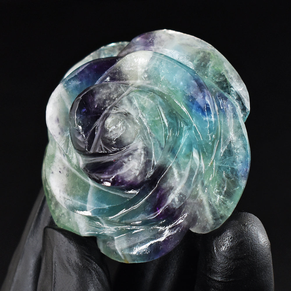 Craftsmen 300.00 Cts Genuine Multicolor Fluorite Carved Rose Gemstone Crystal Caving