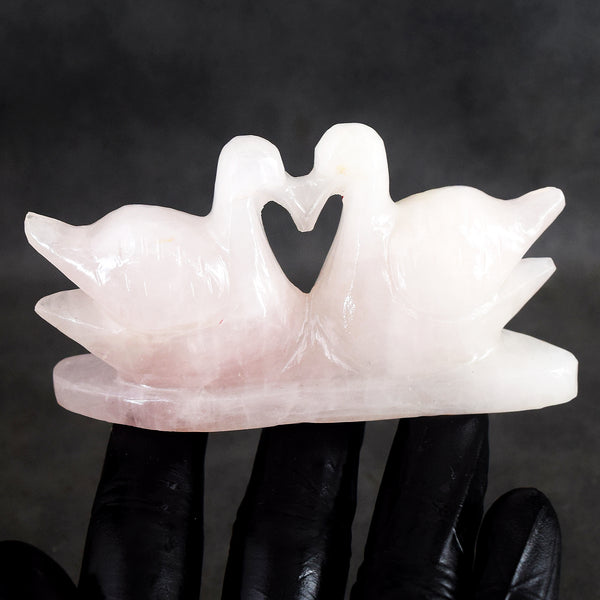 Natural 625.00 Cts Genuine Rose Quartz Hand Carved Premium Love Swan Pair
