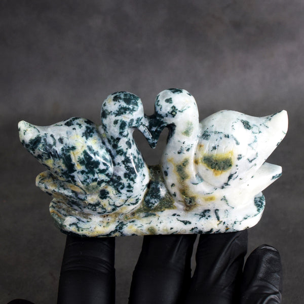Fabulous 647.00 Cts Genuine Tree Agate Hand Carved Gemstone Premium Love Swan Pair