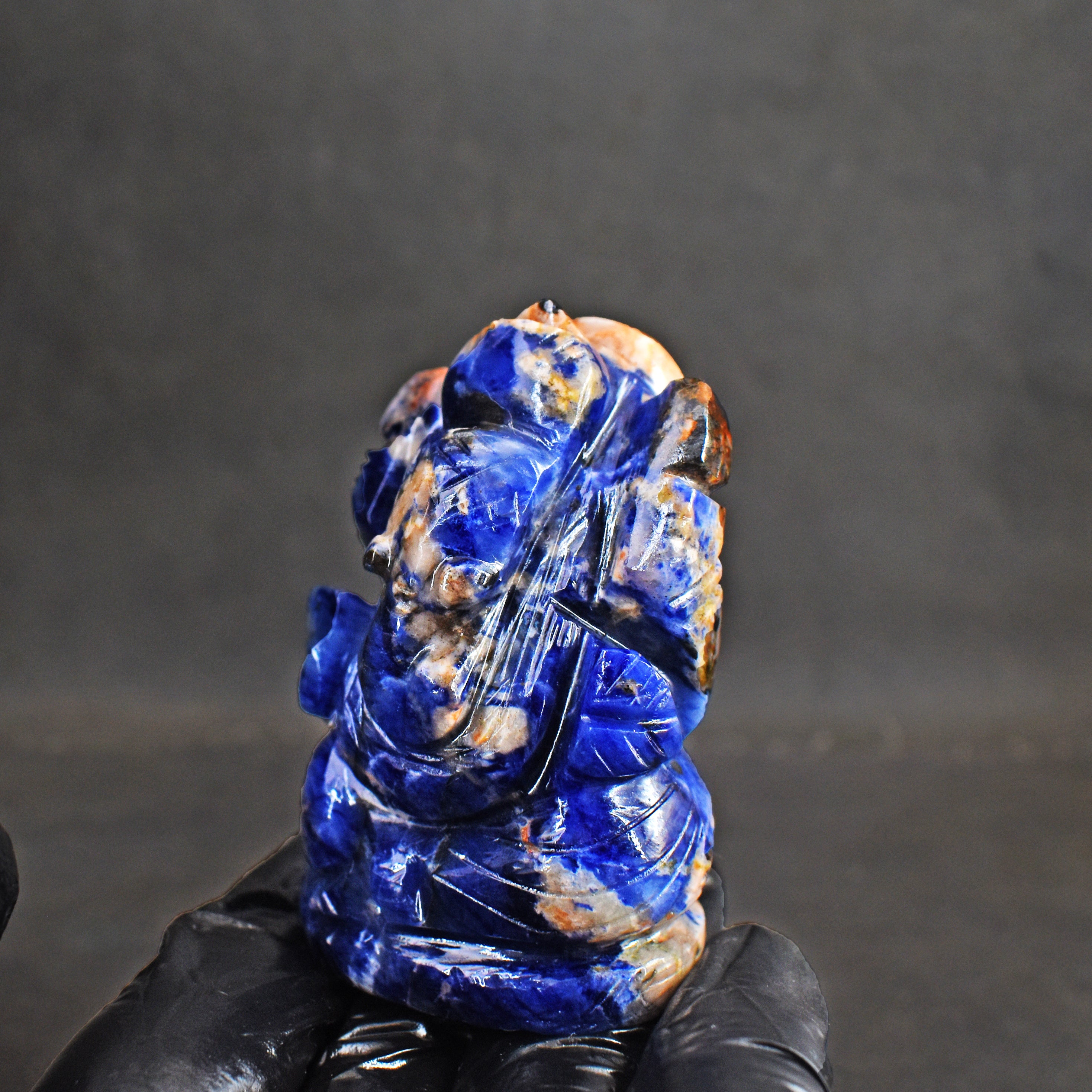 Exclusive 384.00 Cts Genuine Blue Sodalite Divine Hand Carved Crystal Lord Ganesha Carving Gemstone