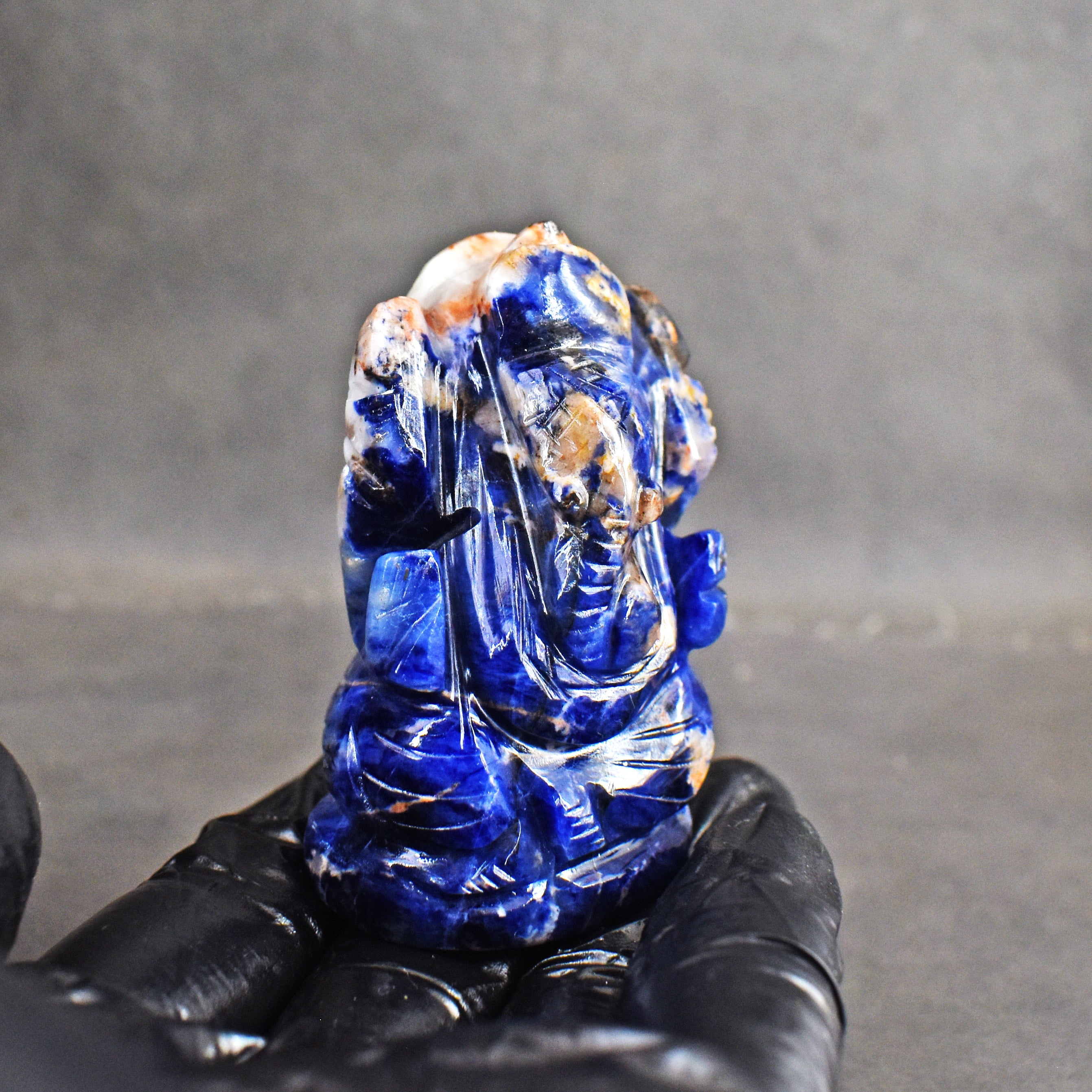 Exclusive 384.00 Cts Genuine Blue Sodalite Divine Hand Carved Crystal Lord Ganesha Carving Gemstone