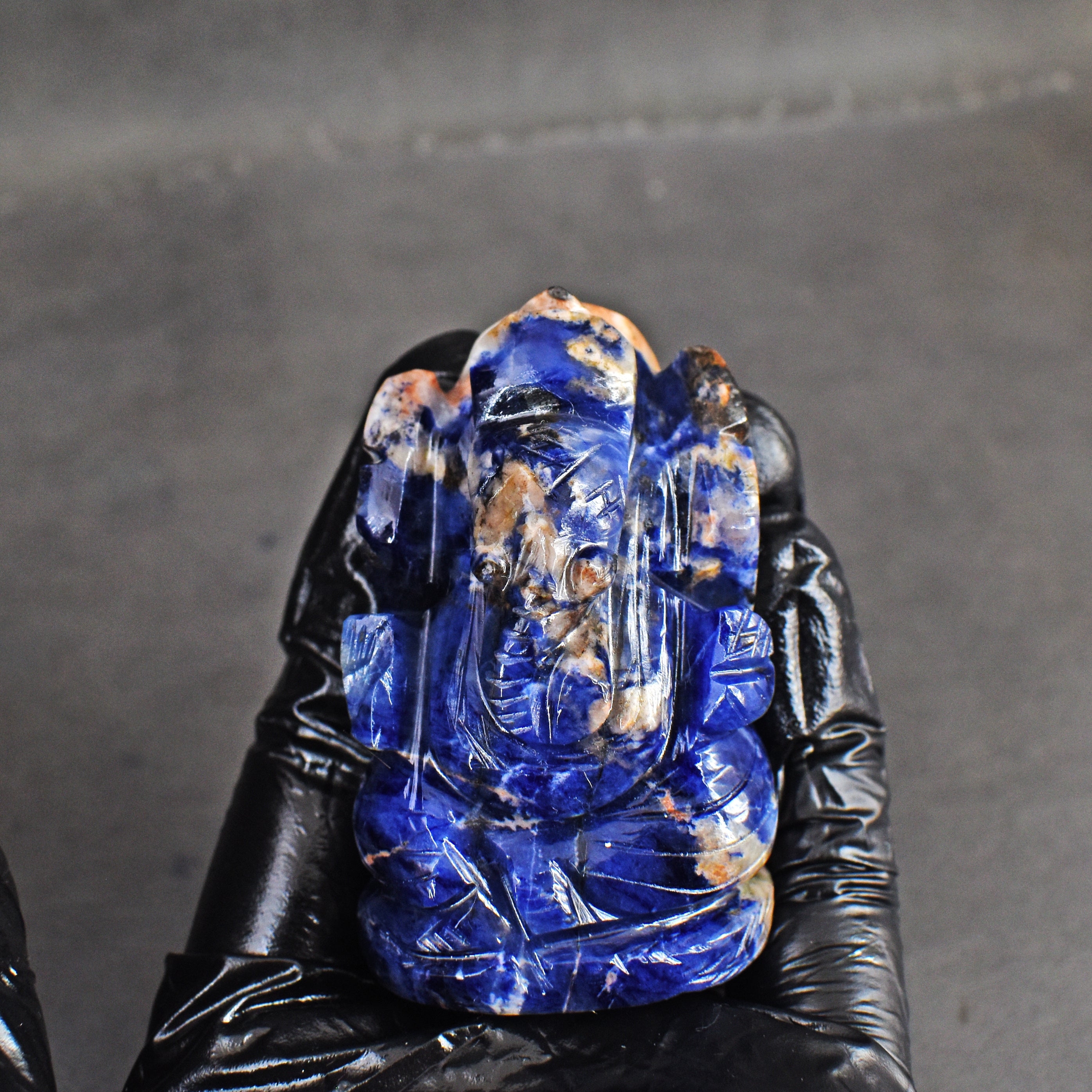 Exclusive 384.00 Cts Genuine Blue Sodalite Divine Hand Carved Crystal Lord Ganesha Carving Gemstone