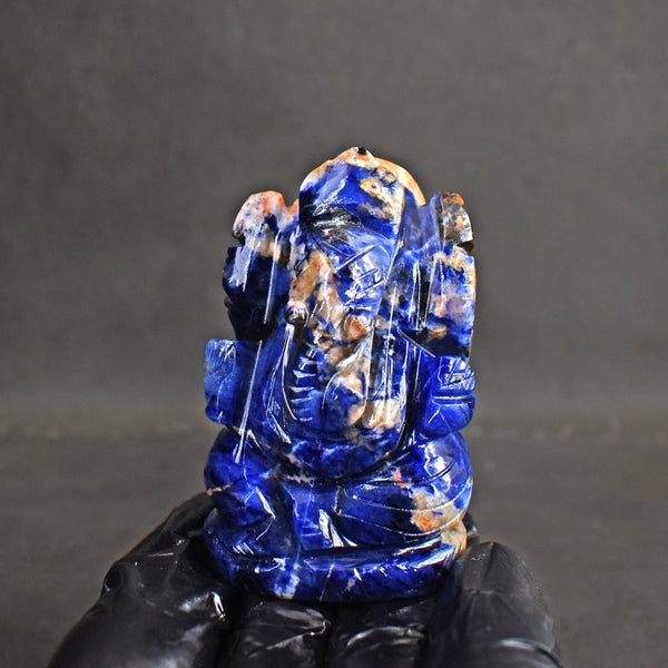 Exclusive 384.00 Cts Genuine Blue Sodalite Divine Hand Carved Crystal Lord Ganesha Carving Gemstone