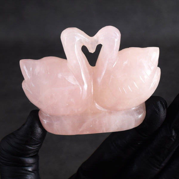 Fantastic 569.00 Cts Genuine Pink Rose Quartz Hand Carved Premium Love Swan Pair