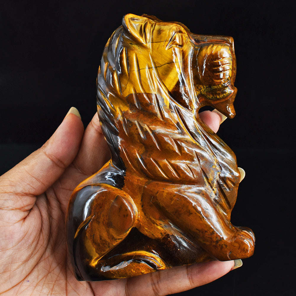 gemsmore:2487.00  Cts  Genuine  Golden Tiger Eye Hand Carved Crystal Gemstone Carving Lion