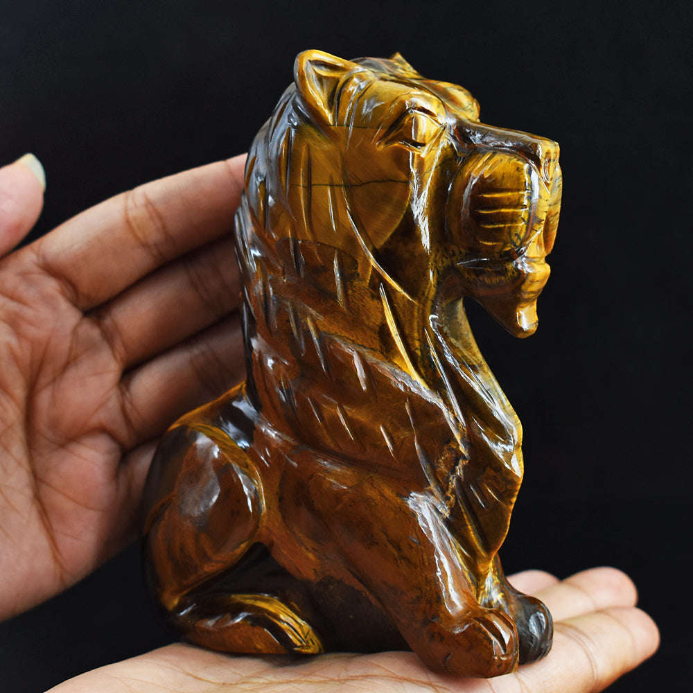 gemsmore:2487.00  Cts  Genuine  Golden Tiger Eye Hand Carved Crystal Gemstone Carving Lion