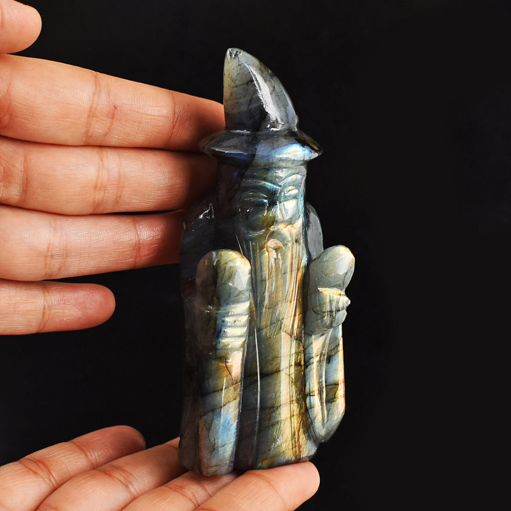 Beautiful  1167.00 Carats Golden & Blue Flash Labradorite  Hand Carved Crystal Gemstone Wizard Carving